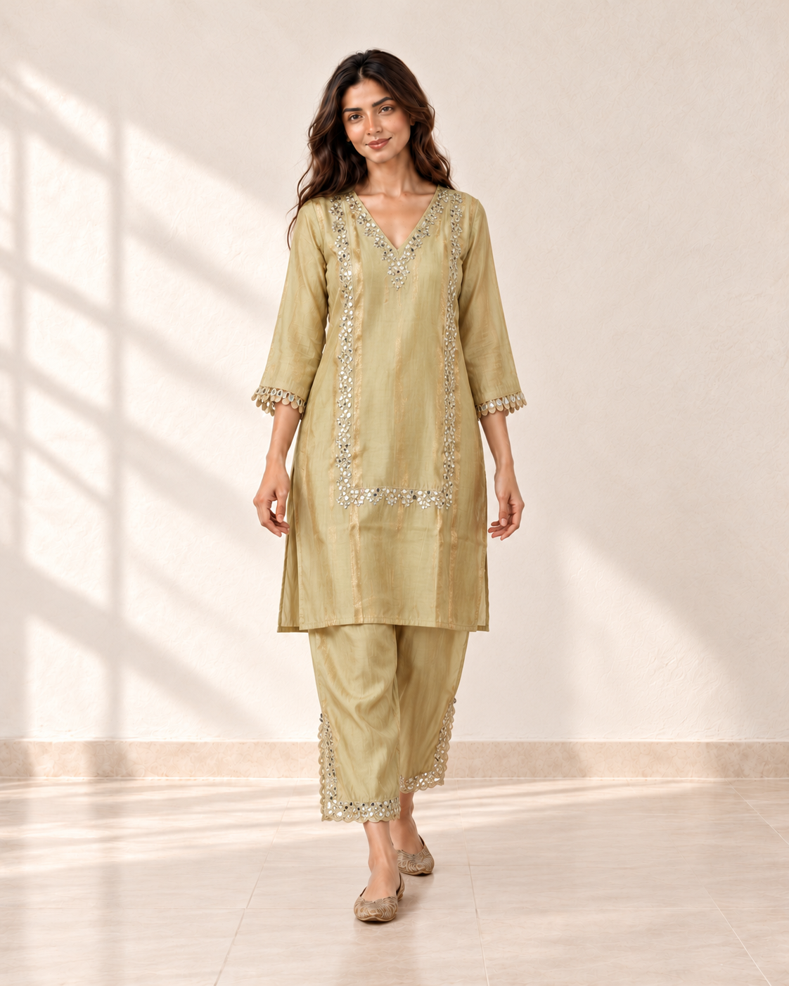 Kavya Champagne Trim Co-ord Set, styled look