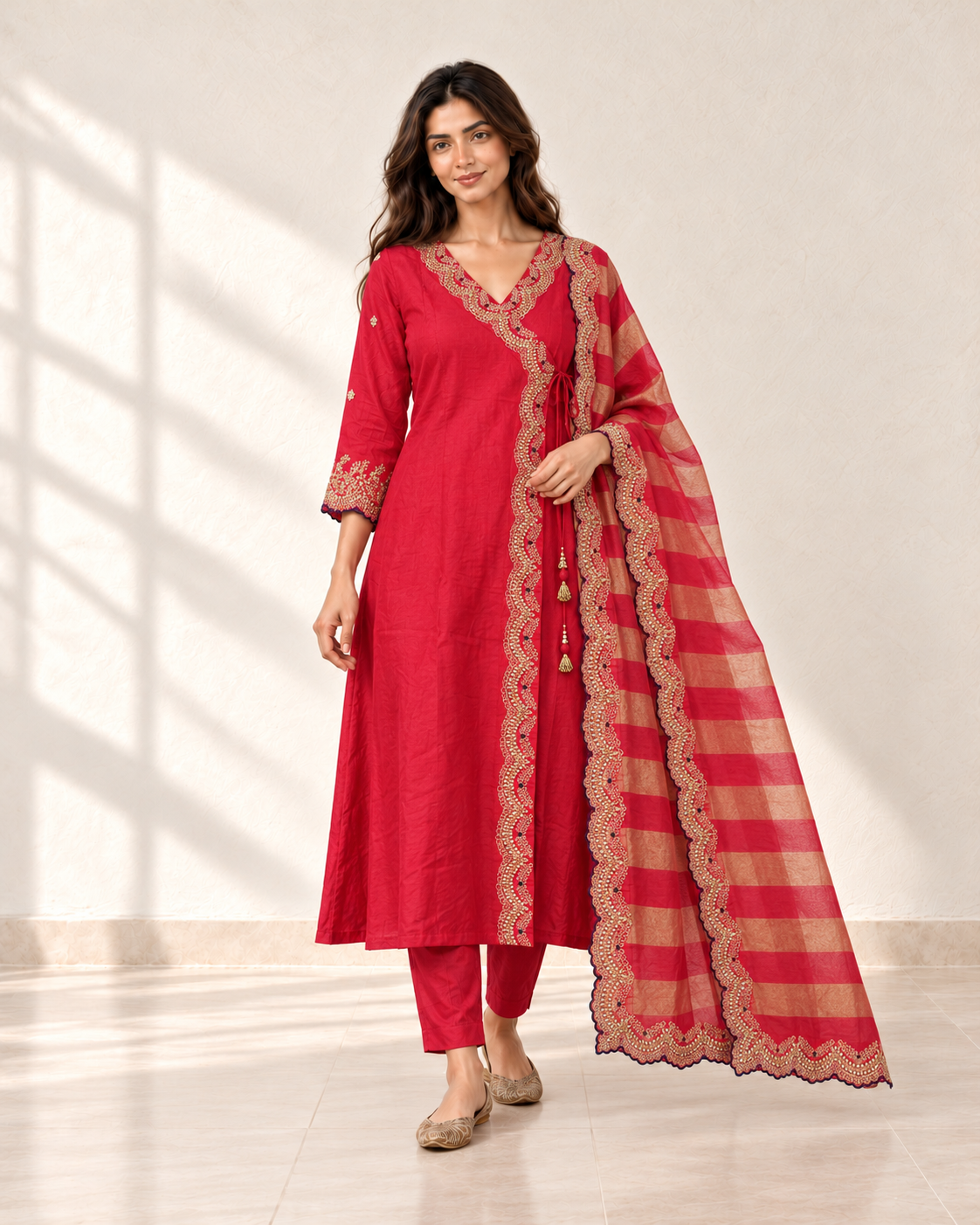 Raagini Crimson Angrakha Kurta Set, styled look