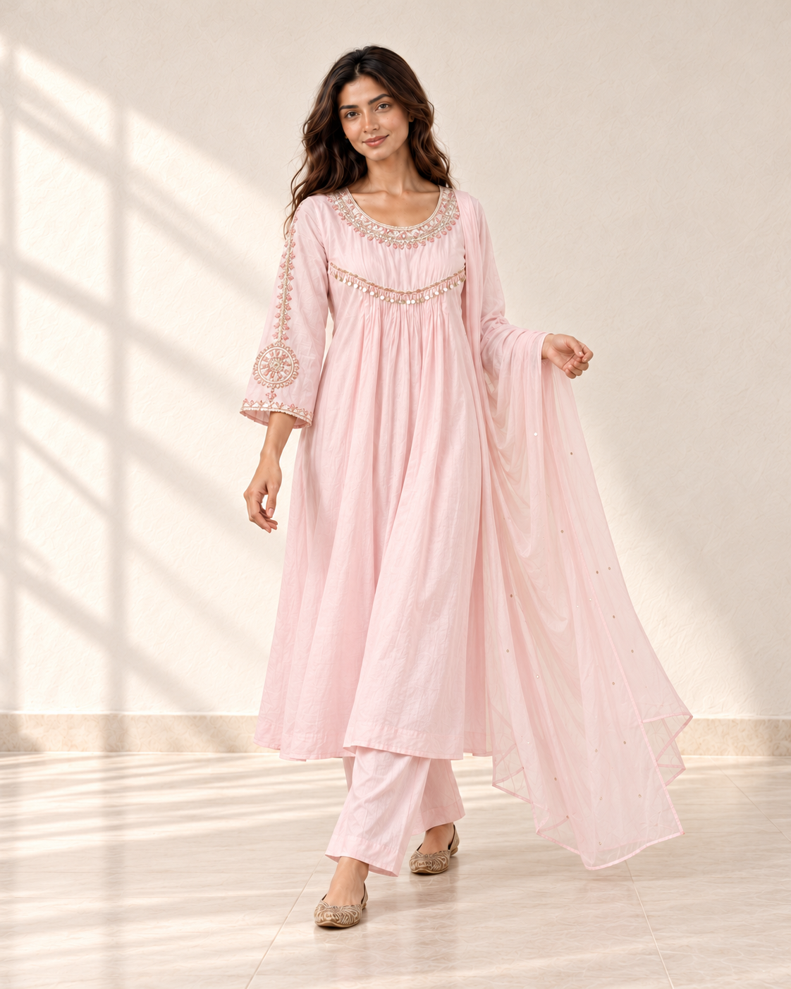 Noor Baby Pink Chanderi Kurta Set — lifestyle view