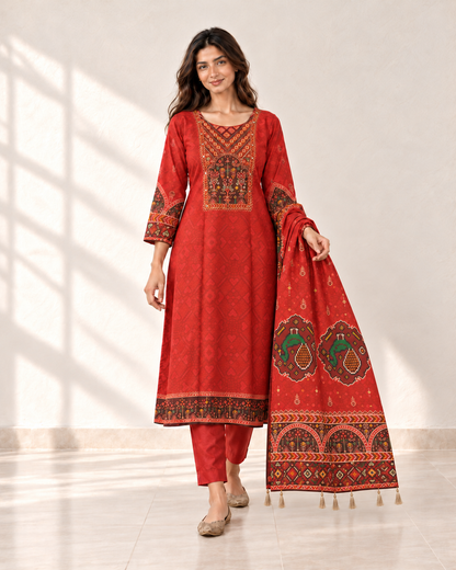 Morika Red Printed Kurta Set - fabric close-up