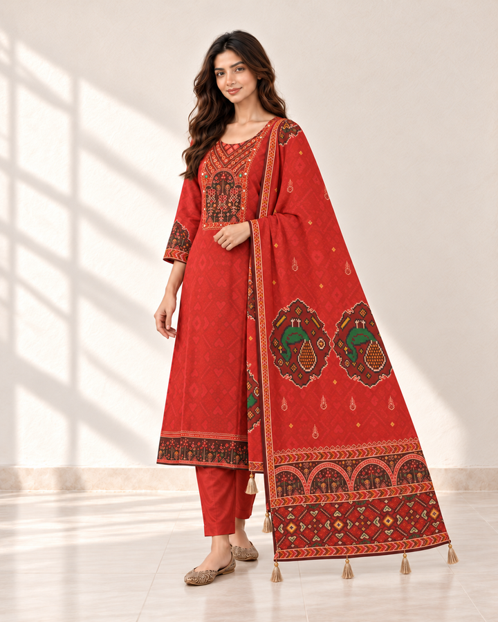 Morika Red Printed Kurta Set - back peacock motif
