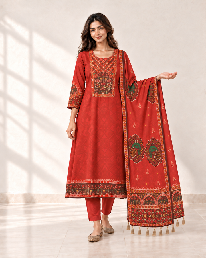 Morika Red Printed Kurta Set - front view
