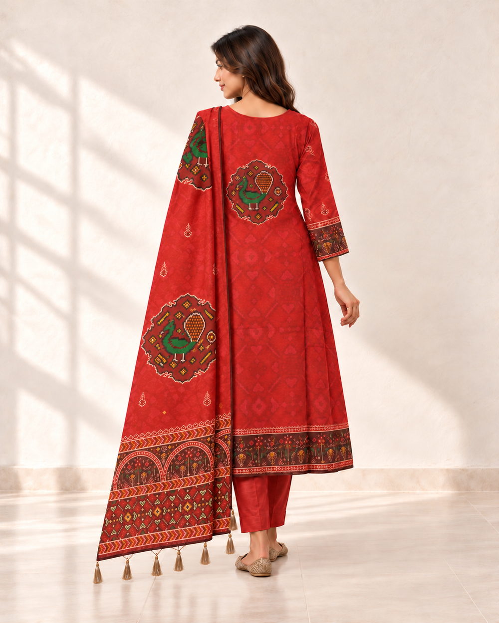 Morika Red Printed Kurta Set - dupatta detail