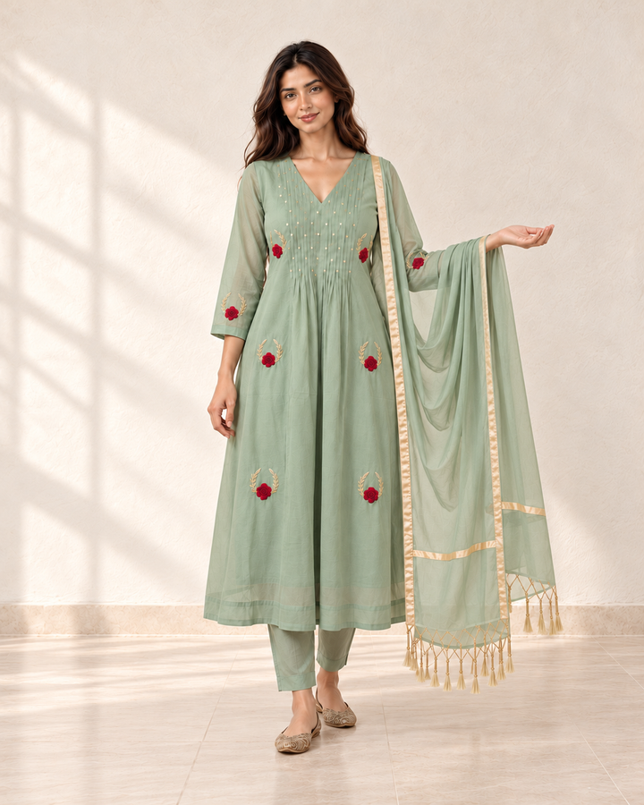 Meher Sage Rose Kurta Set, front view