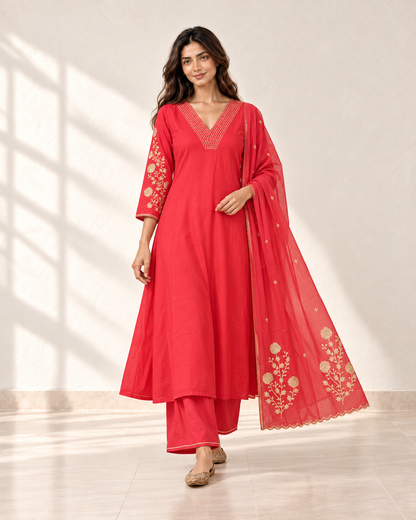Laali Coral Red V-Neck Kurta Set, styled look