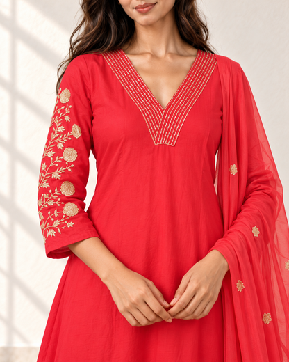 Laali Coral Red V-Neck Kurta Set, detail view