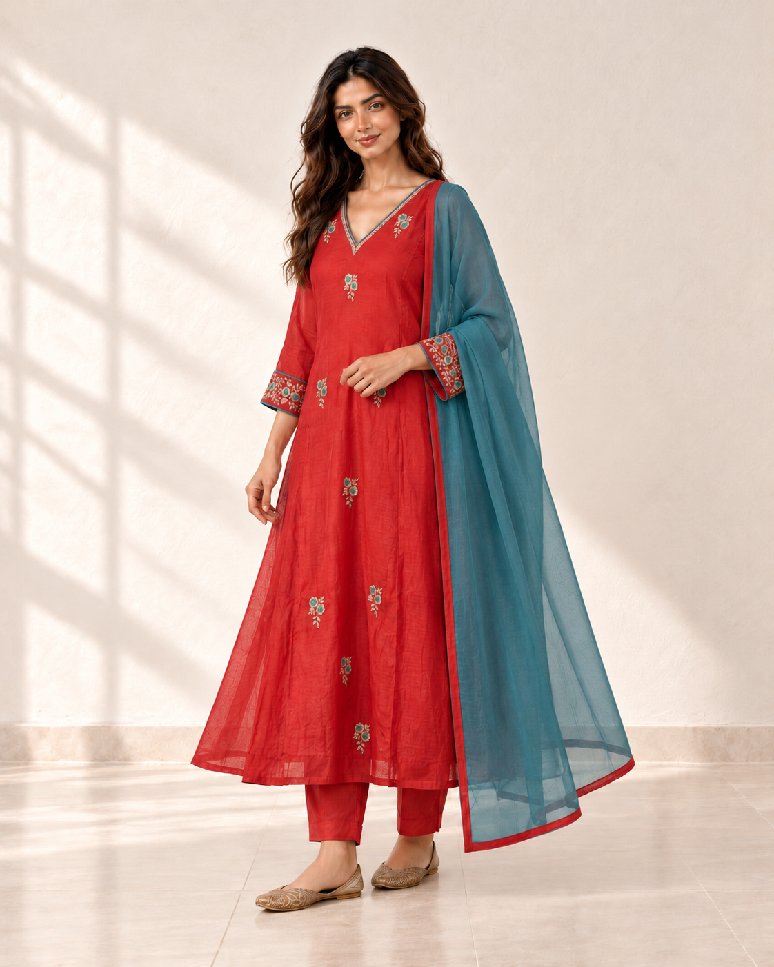 Ruhi Vermilion Floral Kurta Set, three-quarter view