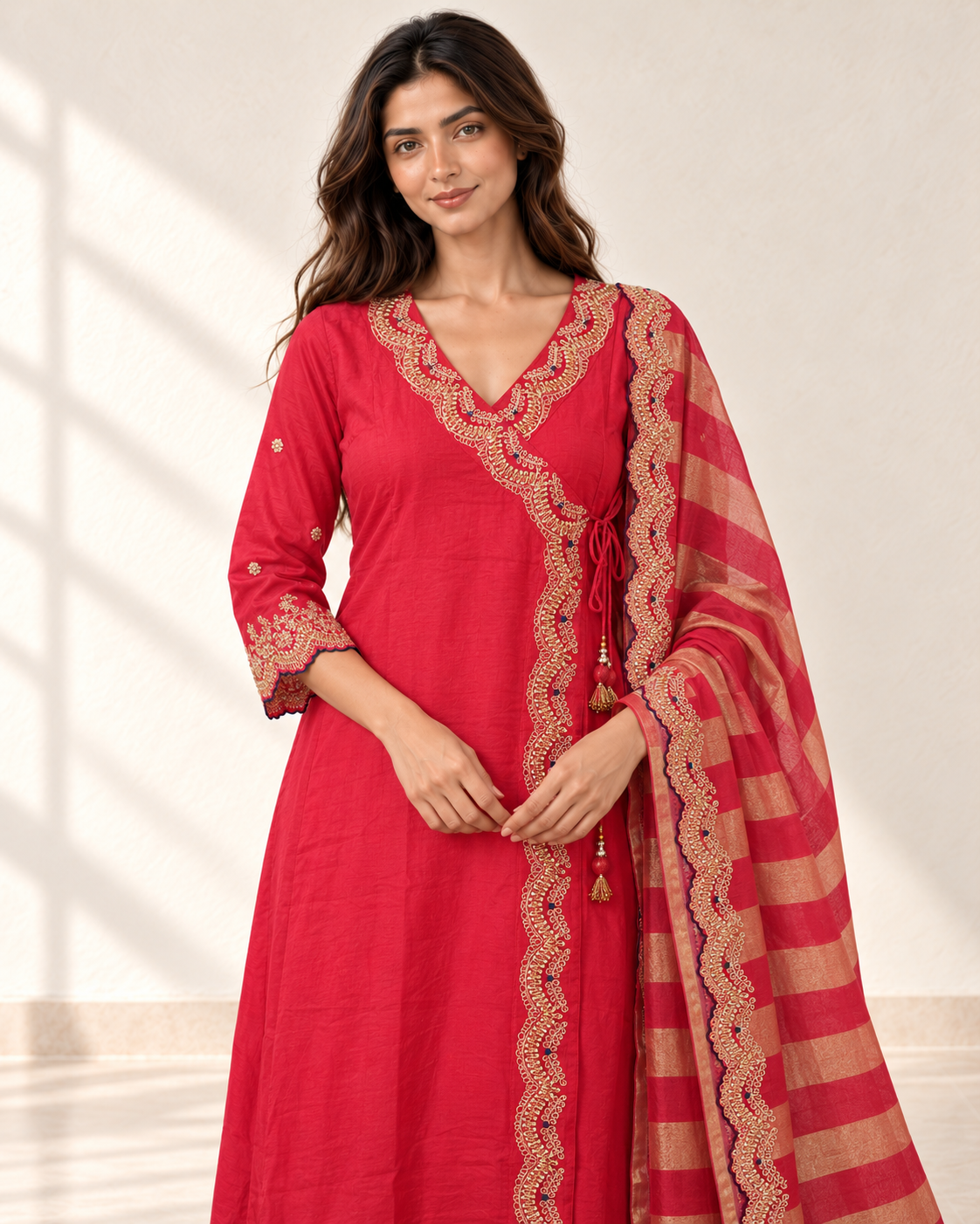 Raagini Crimson Angrakha Kurta Set, detail view