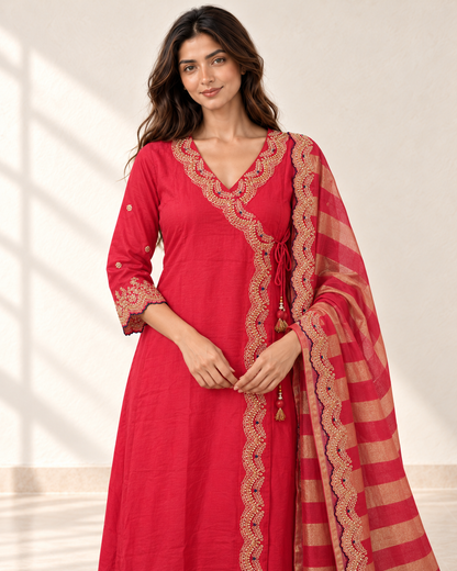 Raagini Crimson Angrakha Kurta Set, detail view
