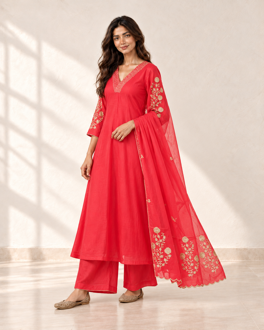 Laali Coral Red V-Neck Kurta Set, three-quarter view