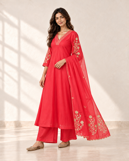 Laali Coral Red V-Neck Kurta Set, three-quarter view