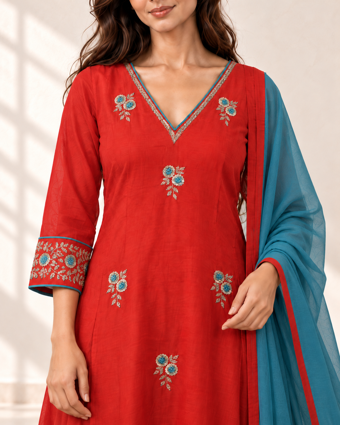 Ruhi Vermilion Floral Kurta Set, detail view