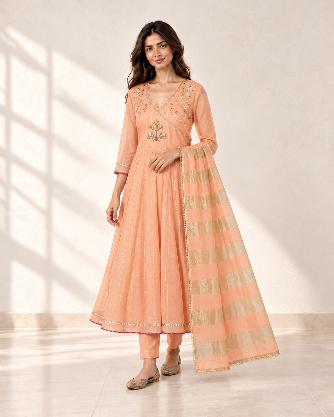 Tarini Peach Angrakha Kurta Set, three-quarter view