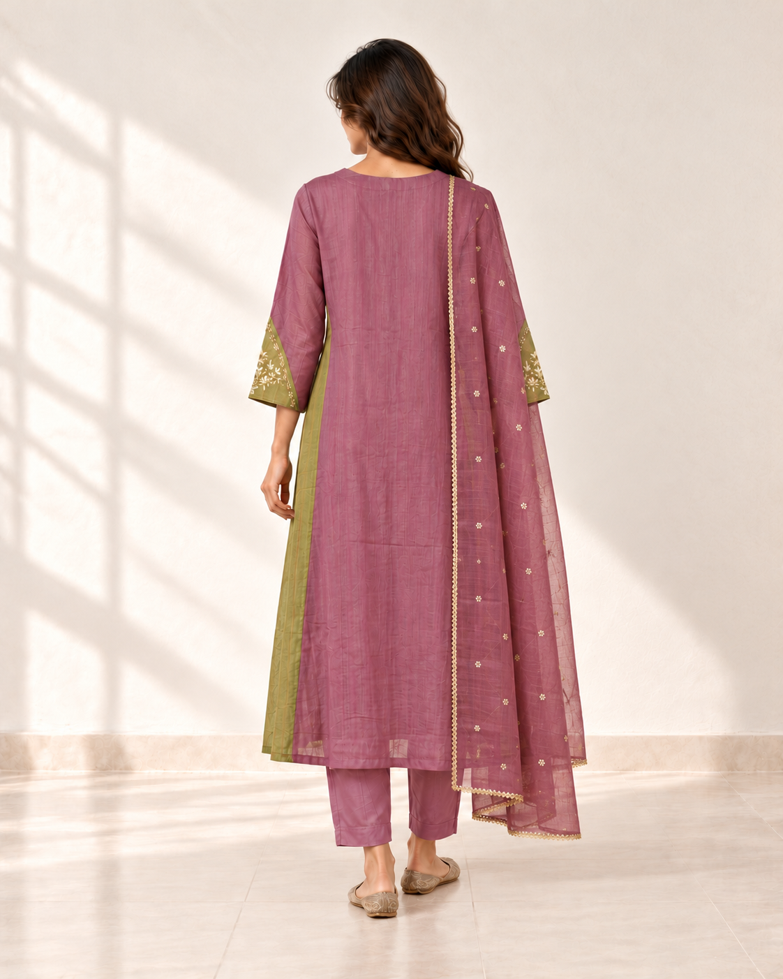 Saanjh Mauve Contrast-Panel Kurta Set, back view