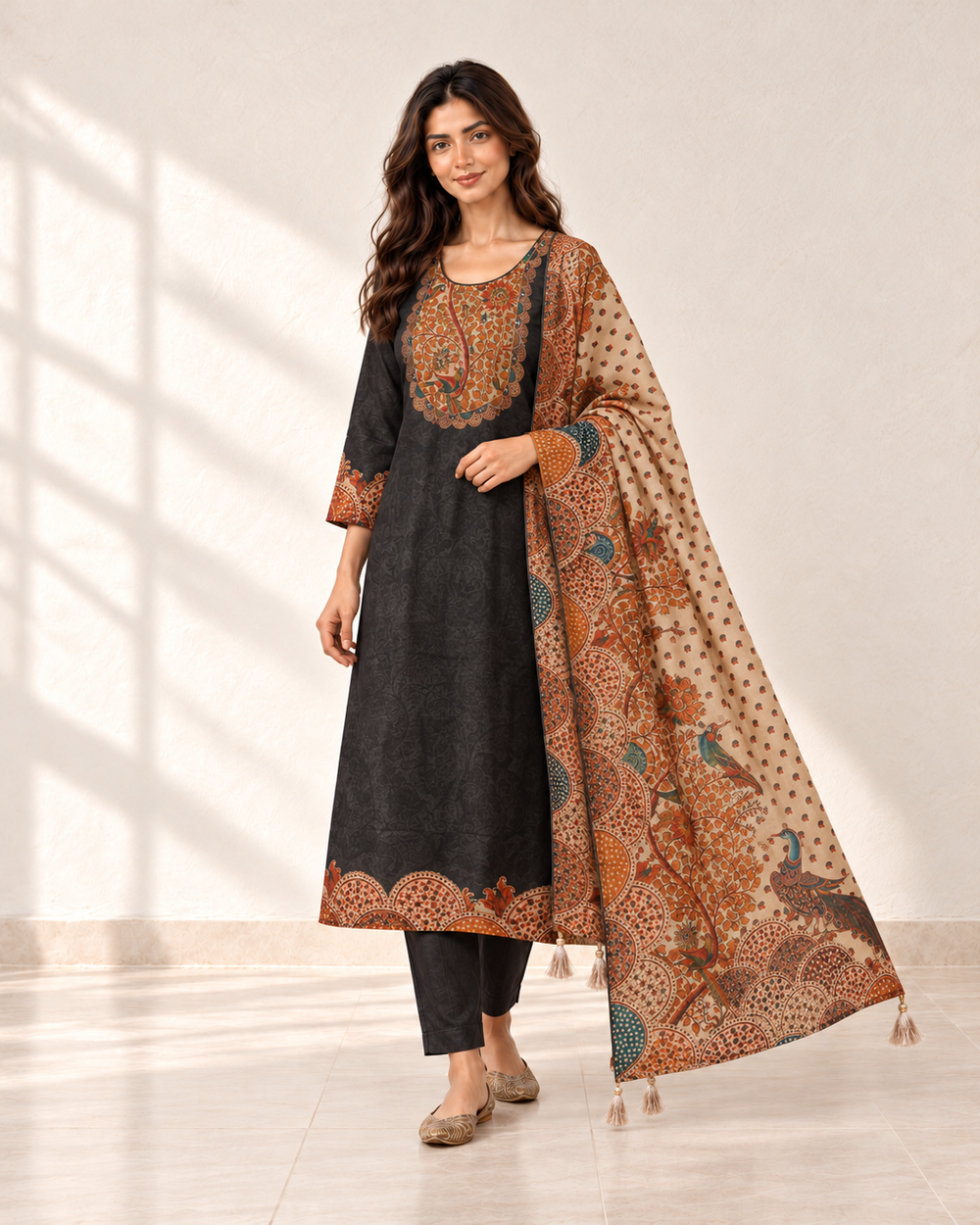 Chitra Charcoal Paisley Kurta Set, three-quarter view