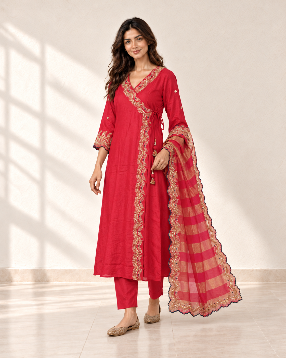 Raagini Crimson Angrakha Kurta Set, three-quarter view