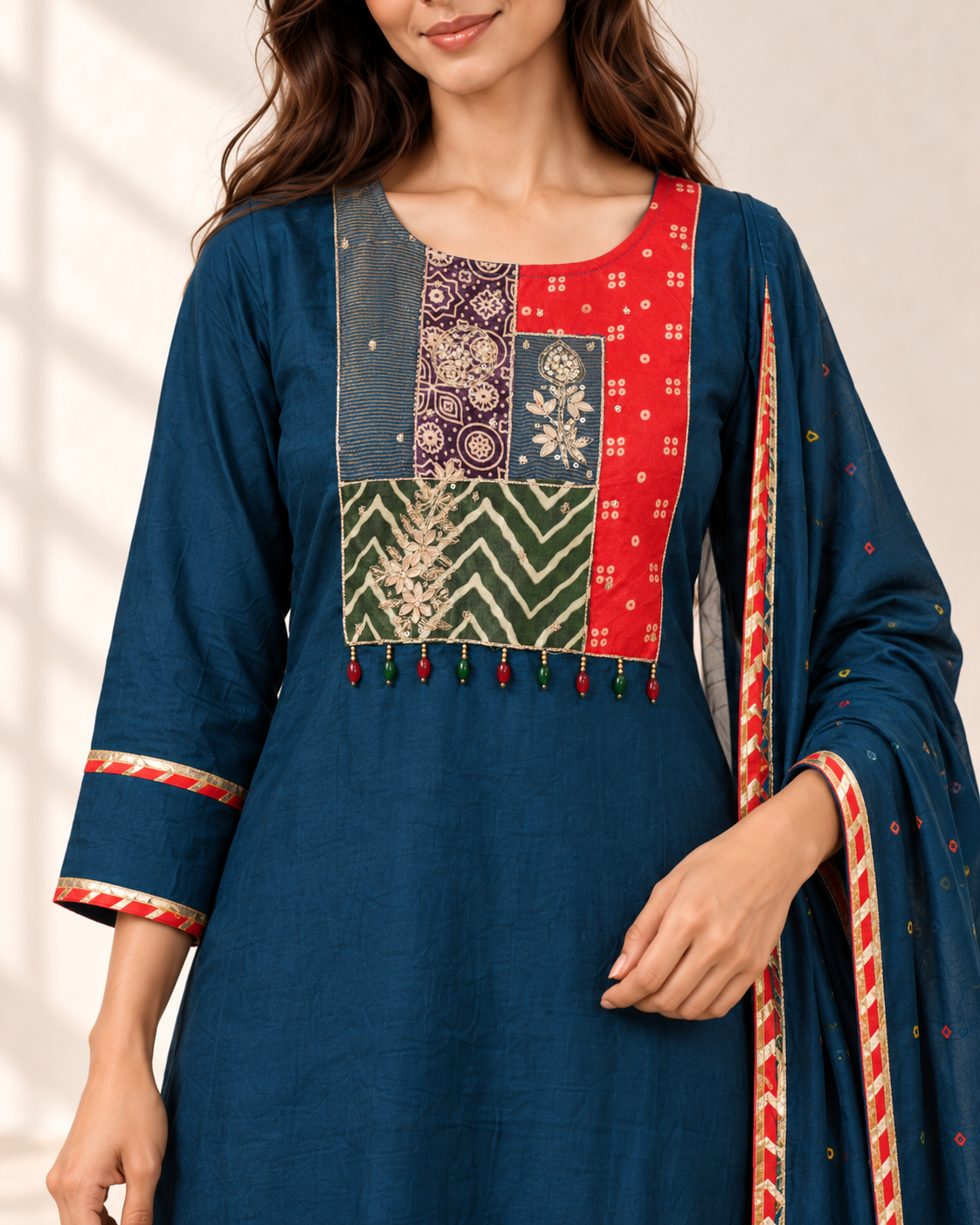 Tara Deep Blue Panel Kurta Set, detail view