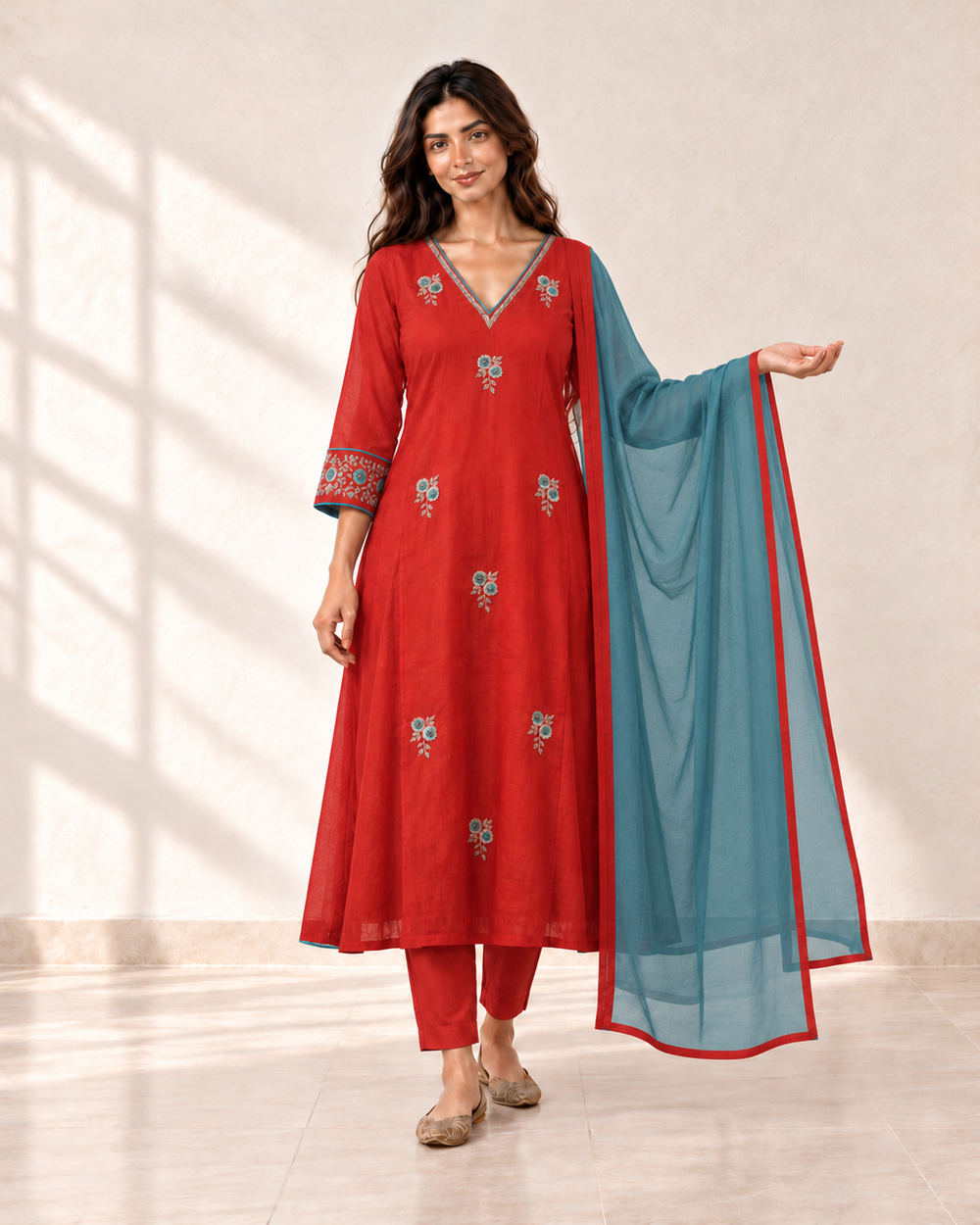 Ruhi Vermilion Floral Kurta Set, front view