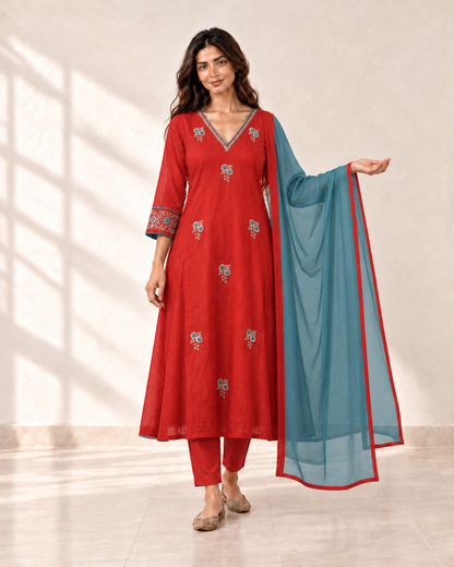 Ruhi Vermilion Floral Kurta Set, front view