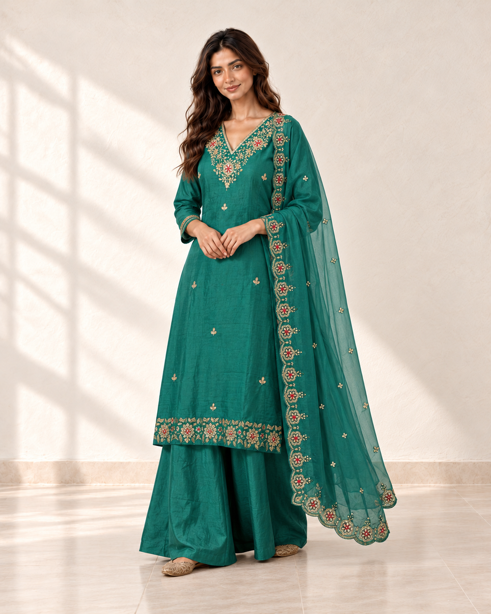 Nayra Teal Floral Kurta Set, three-quarter view
