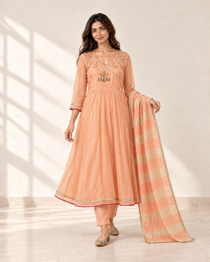 Tarini Peach Angrakha Kurta Set, styled look