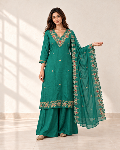 Nayra Teal Floral Kurta Set, front view