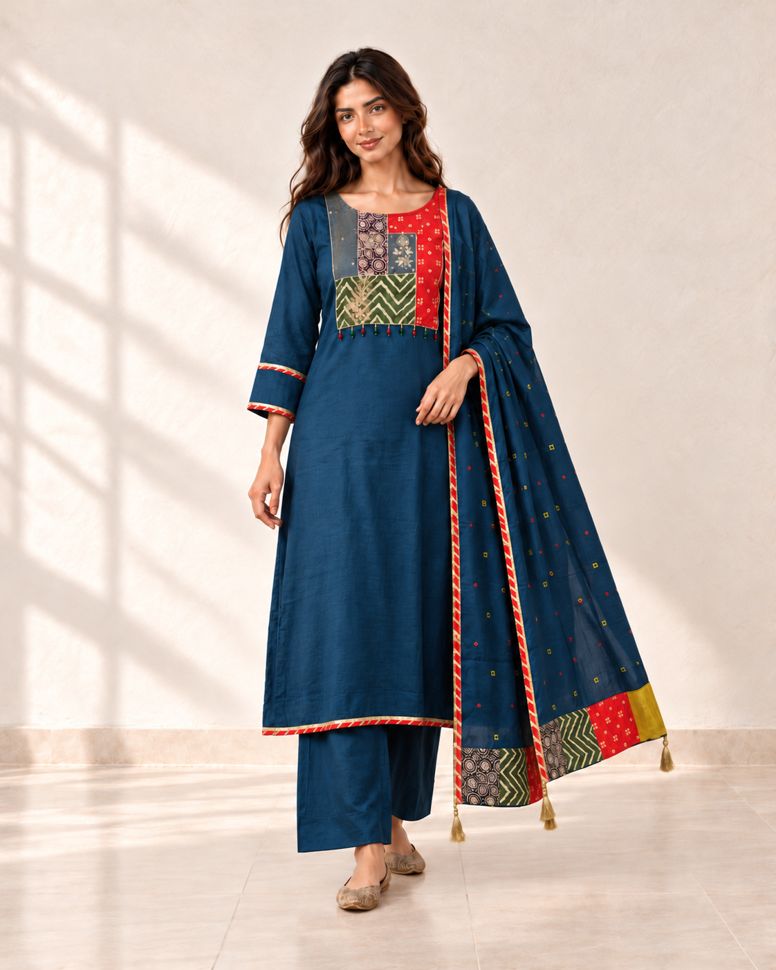 Tara Deep Blue Panel Kurta Set, styled look