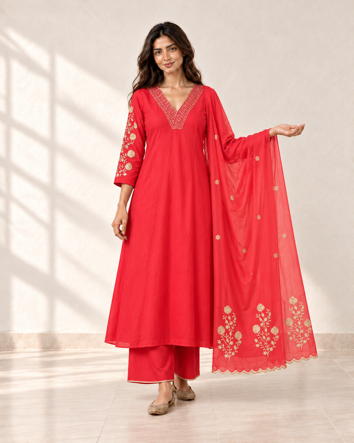 Laali Coral Red V-Neck Kurta Set, front view