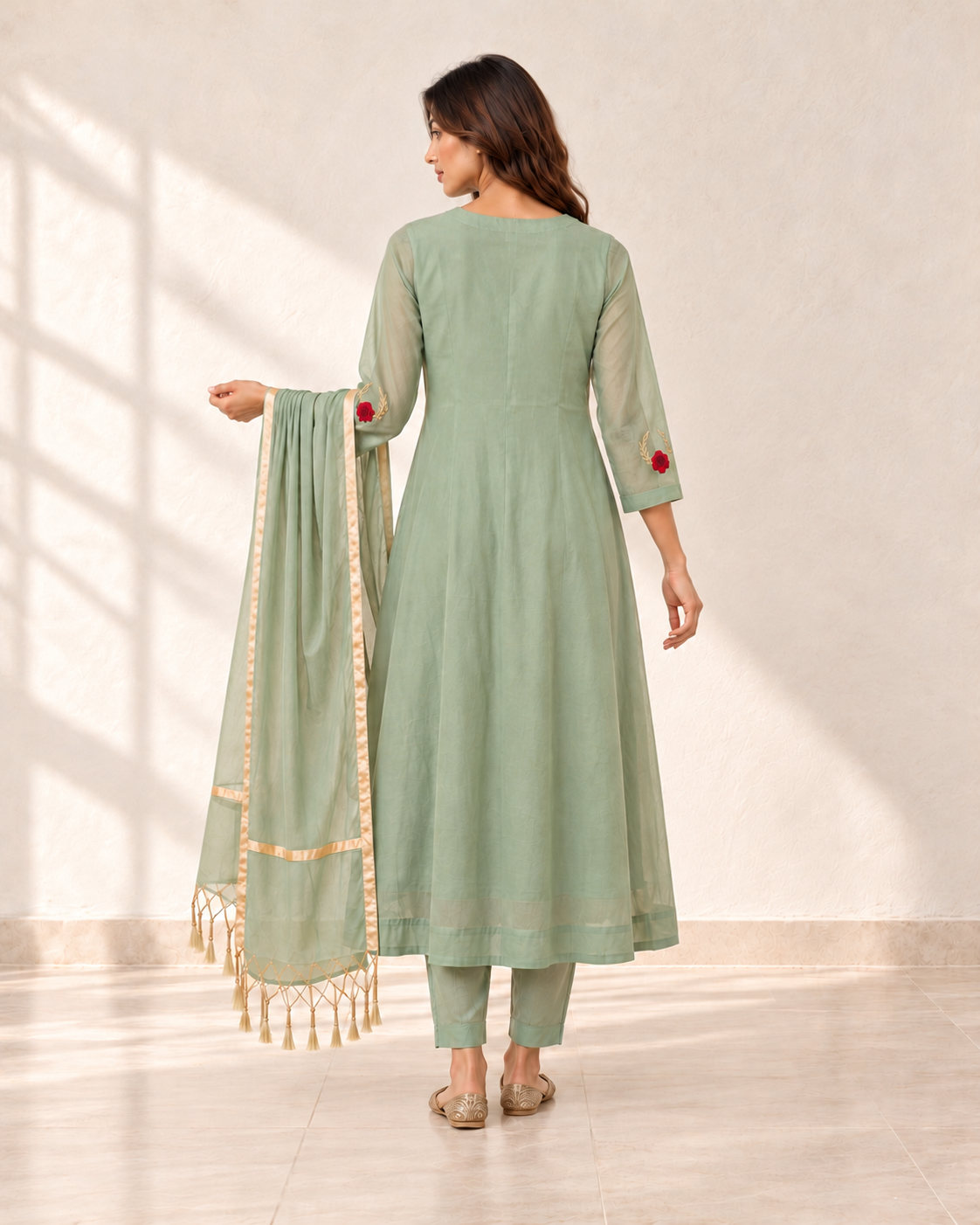 Meher Sage Rose Kurta Set, back view