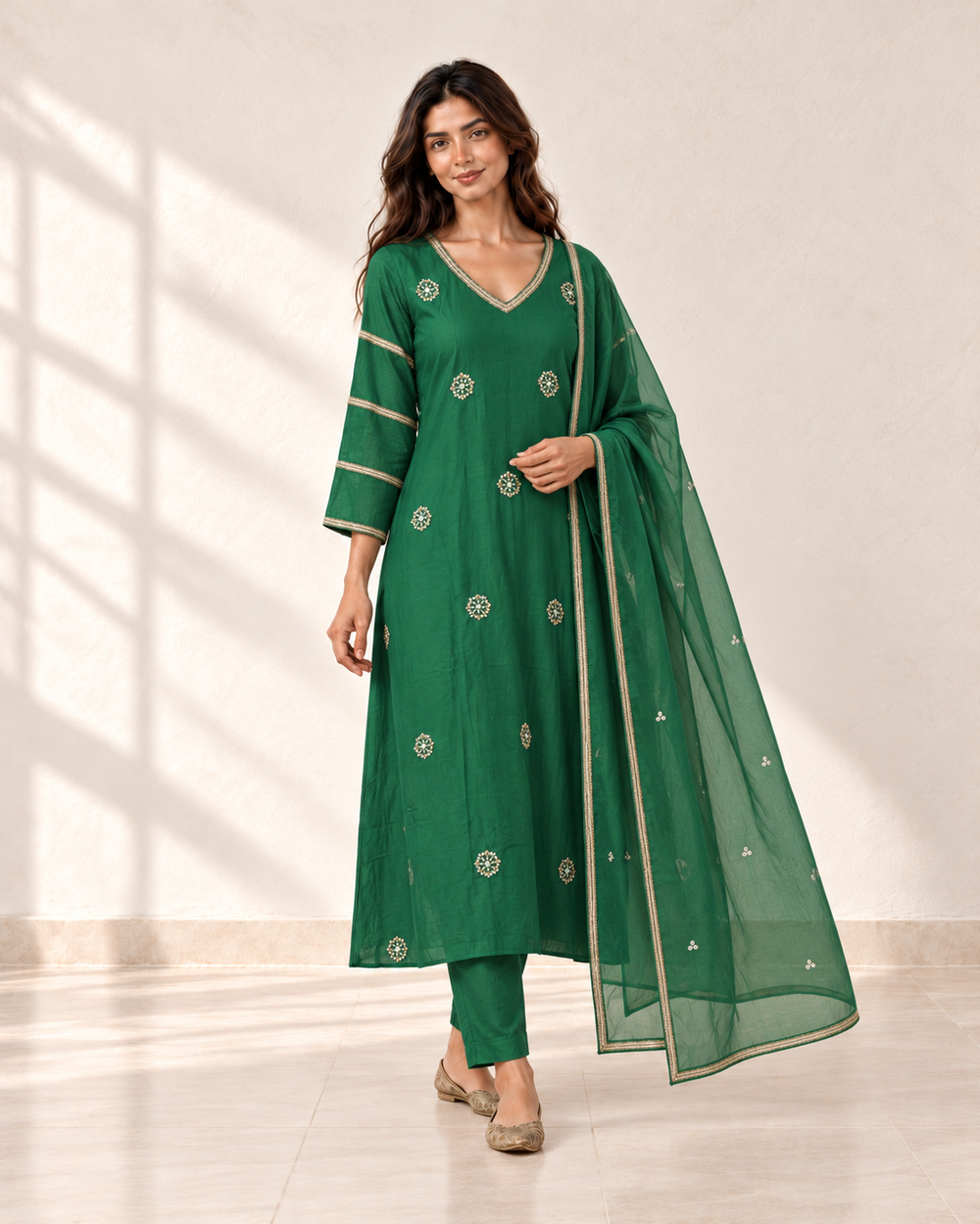Vanya Emerald Motif Kurta Set, three-quarter view