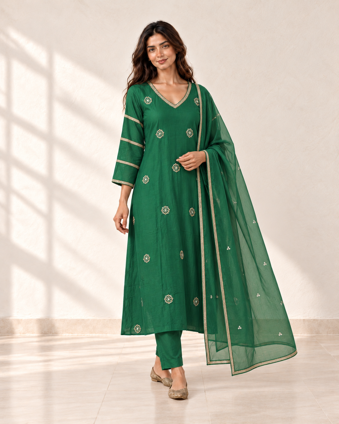 Vanya Emerald Motif Kurta Set, three-quarter view