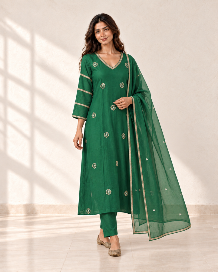 Vanya Emerald Motif Kurta Set, three-quarter view