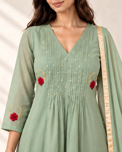Meher Sage Rose Kurta Set, detail of the rose motifs