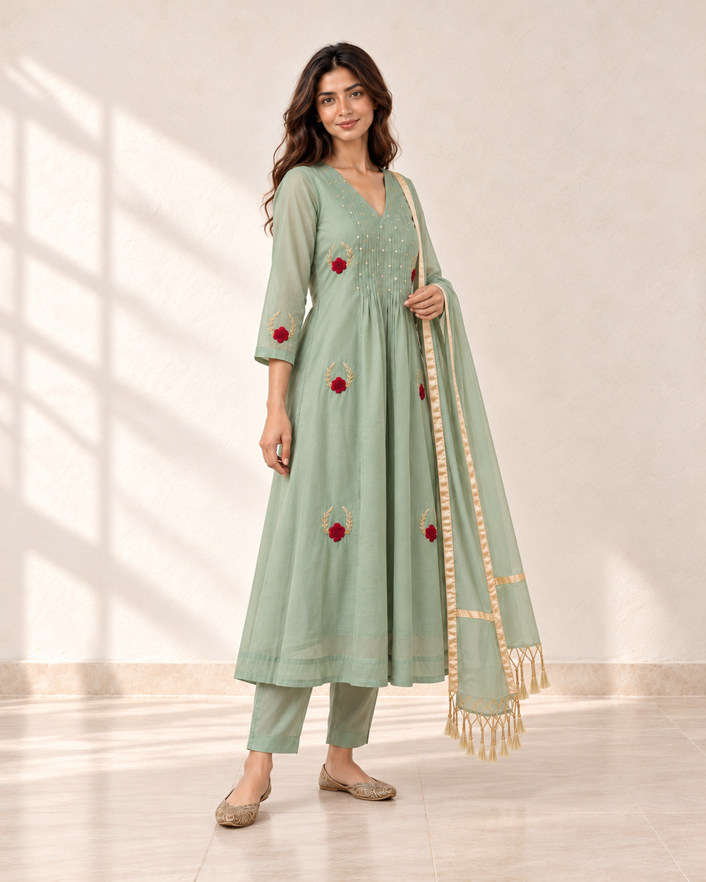 Meher Sage Rose Kurta Set, three-quarter view