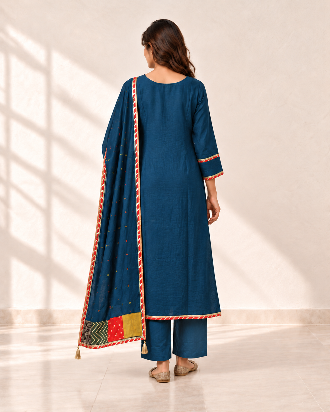 Tara Deep Blue Panel Kurta Set, back view