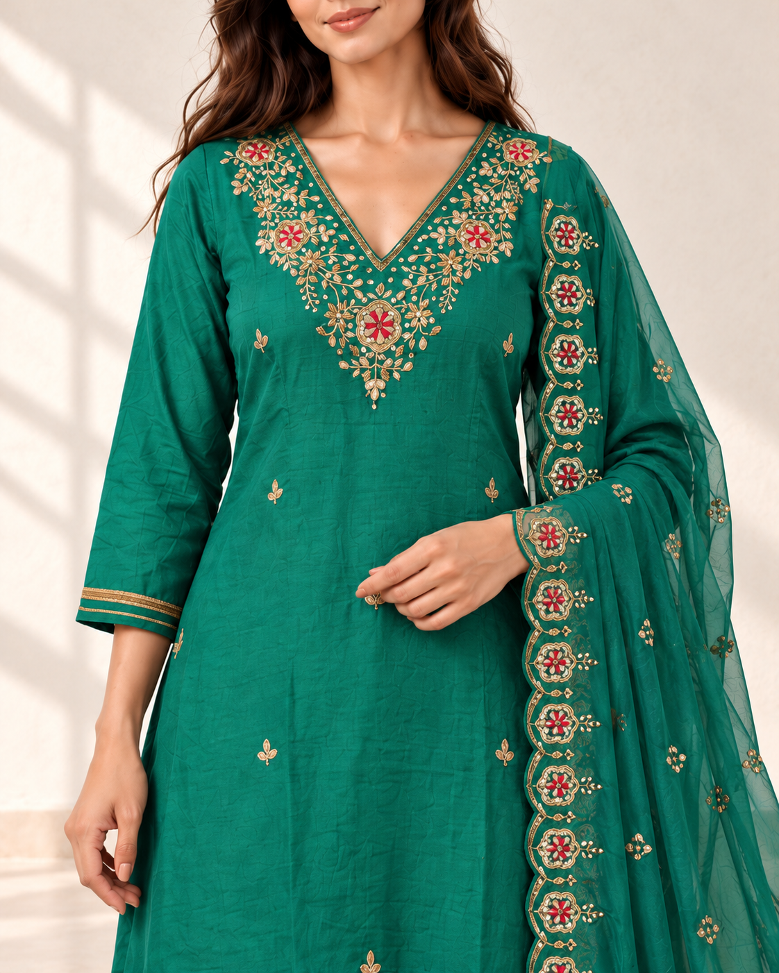Nayra Teal Floral Kurta Set, detail view