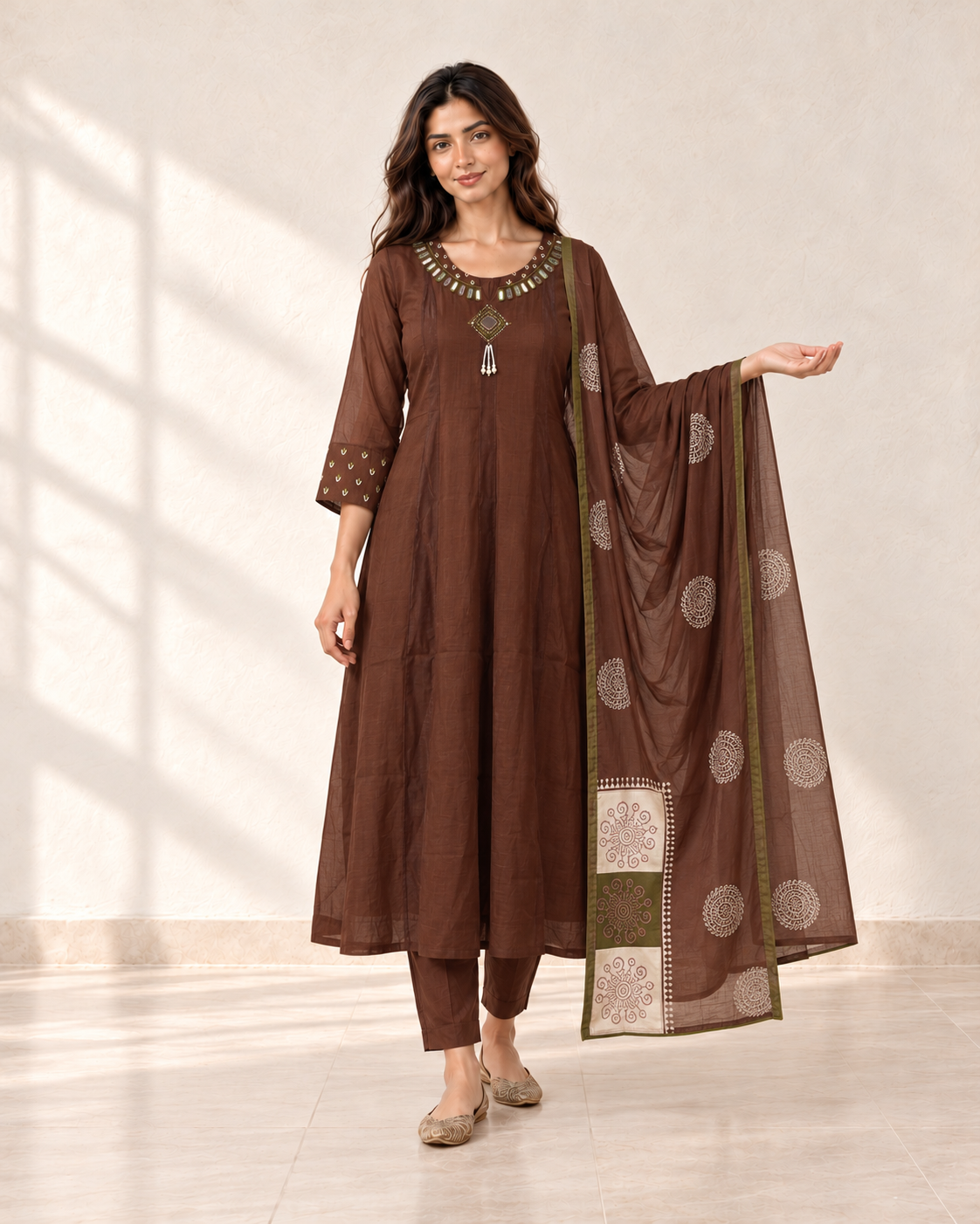 Dhara Cocoa Motif Kurta Set, front view
