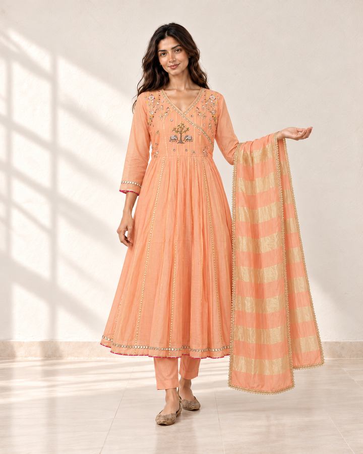 Tarini Peach Angrakha Kurta Set, front view