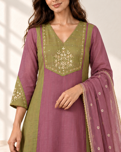 Saanjh Mauve Contrast-Panel Kurta Set, detail view