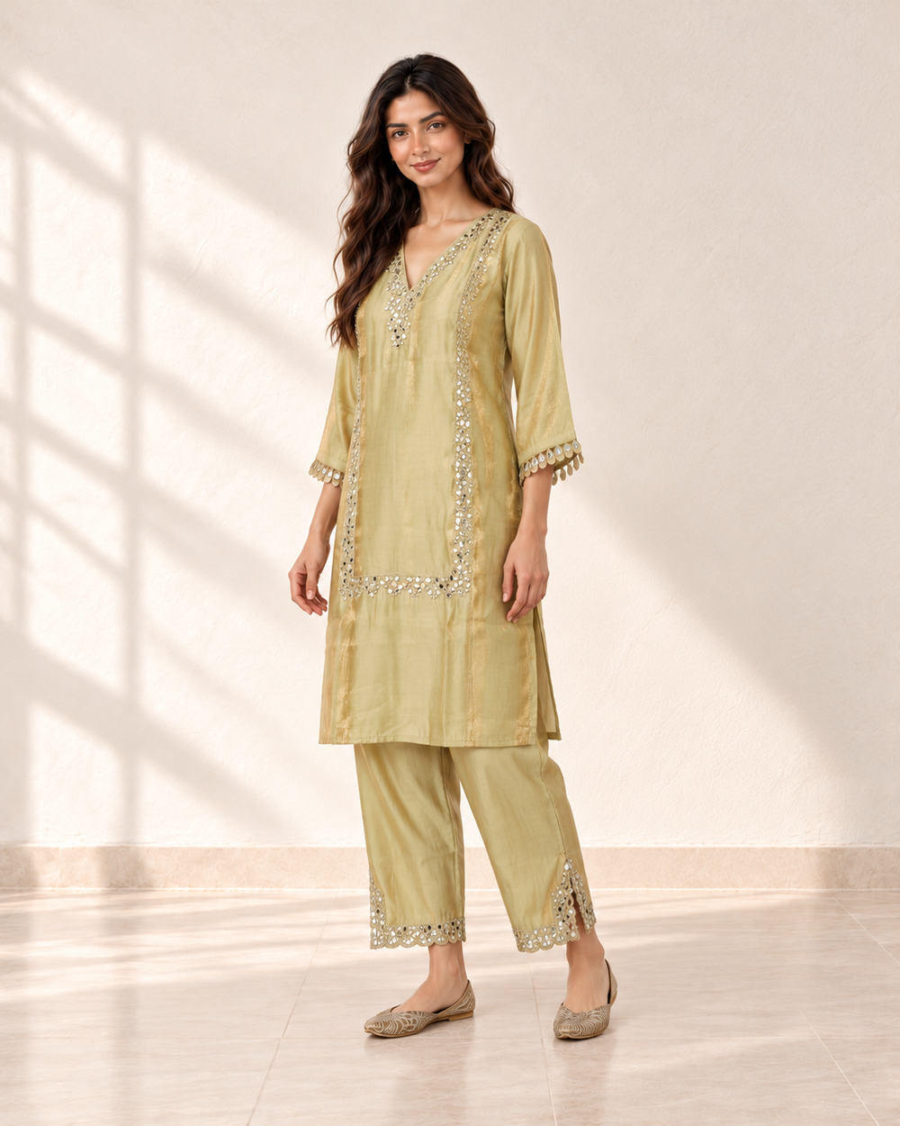 Kavya Champagne Trim Co-ord Set, three-quarter view