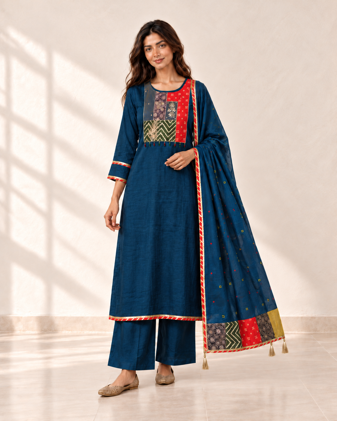 Tara Deep Blue Panel Kurta Set, three-quarter view