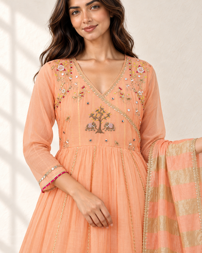 Tarini Peach Angrakha Kurta Set, detail view