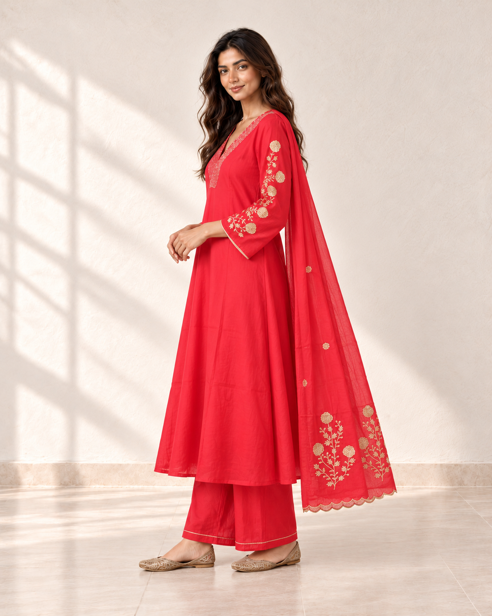Laali Coral Red V-Neck Kurta Set, side view