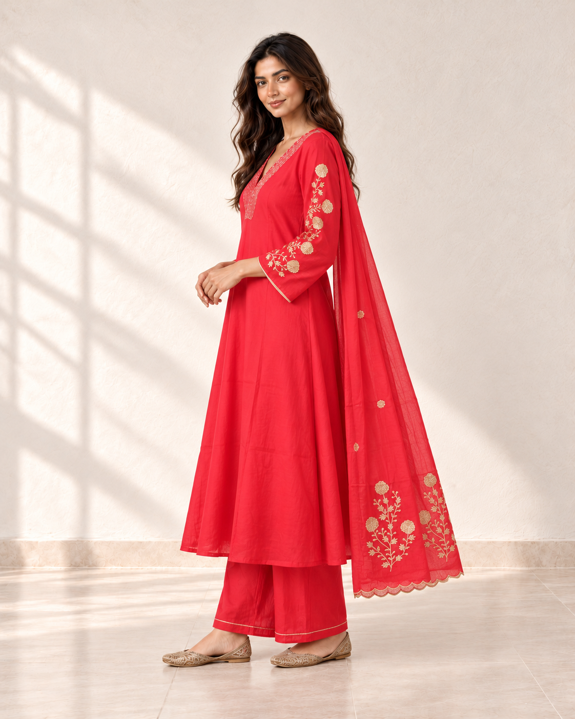 Laali Coral Red V-Neck Kurta Set, side view