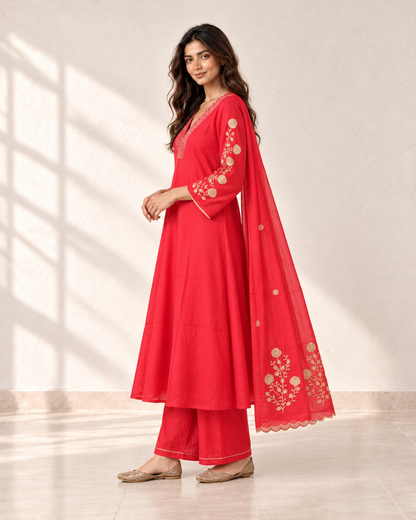 Laali Coral Red V-Neck Kurta Set, side view