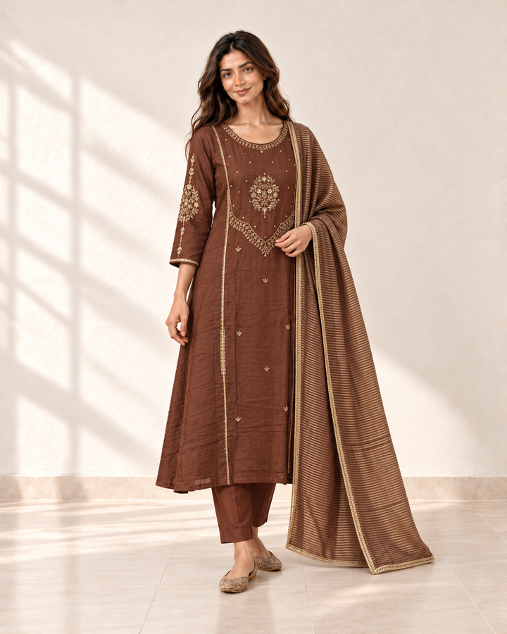 Avani Rust Embroidered Kurta Set, three-quarter view