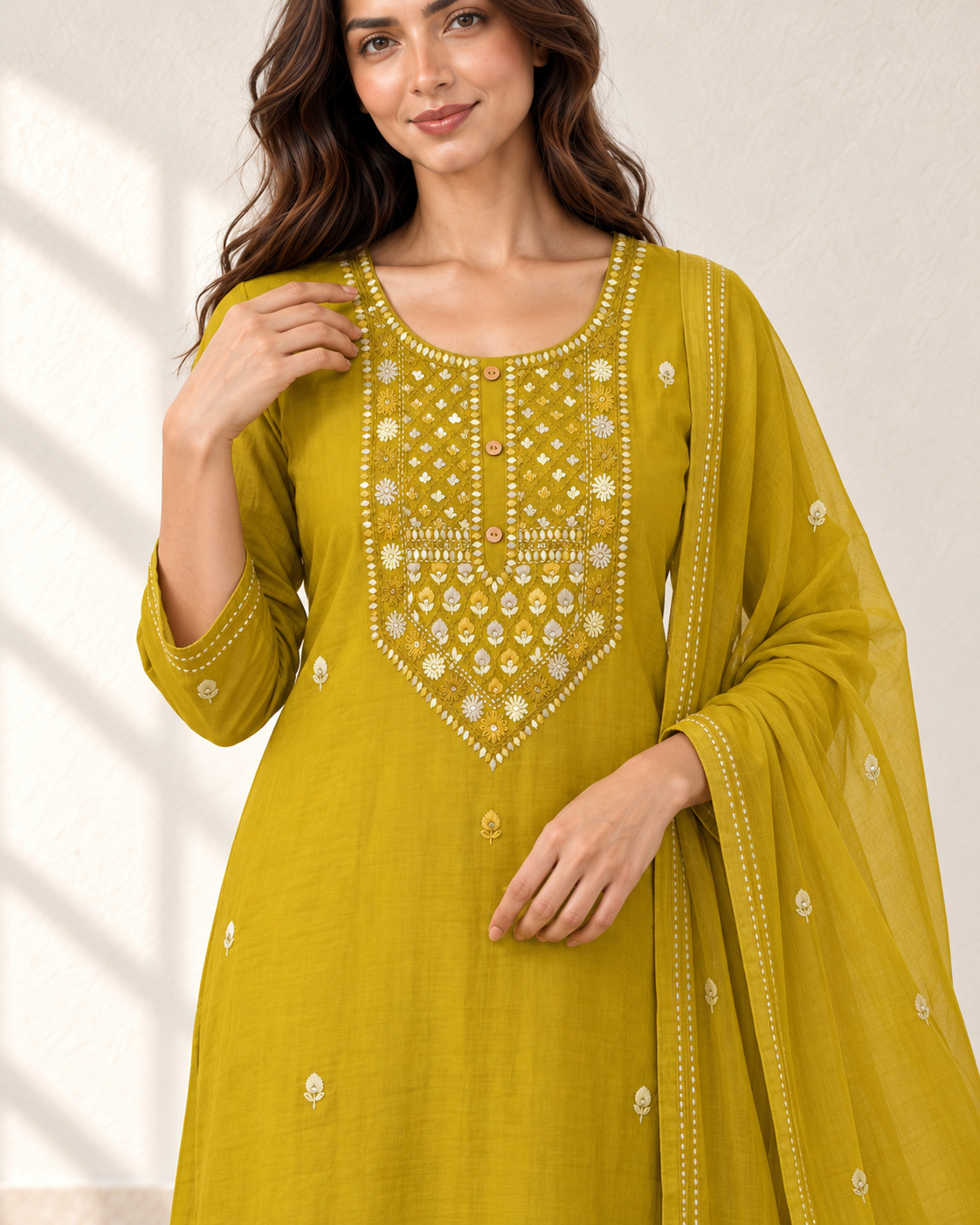 Kesar Mustard Embellished Kurta Set, detail view