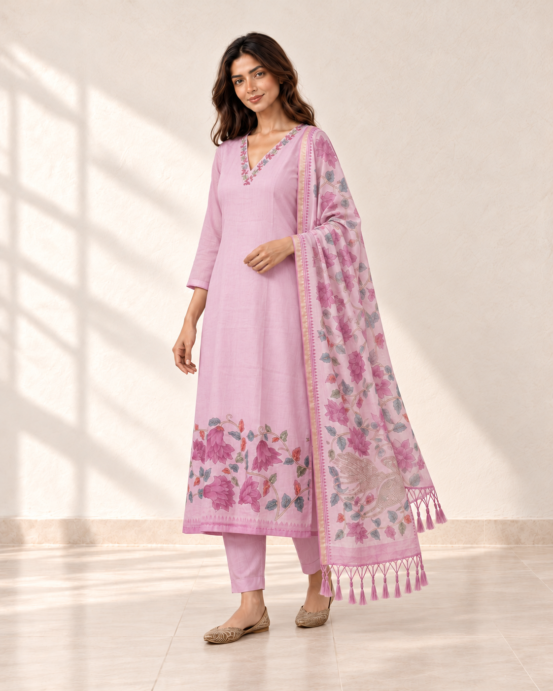Pihu Blush Floral Kurta Set, three-quarter view