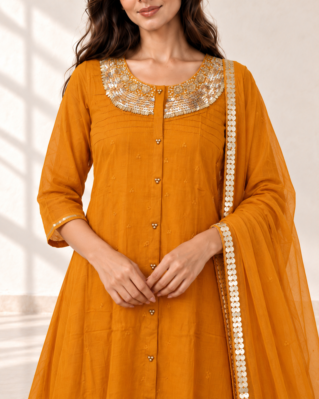 Aarohi Saffron Neck-Detail Kurta Set, detail view