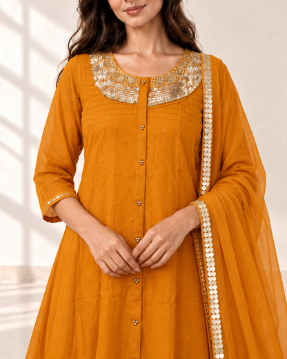Aarohi Saffron Neck-Detail Kurta Set, detail view